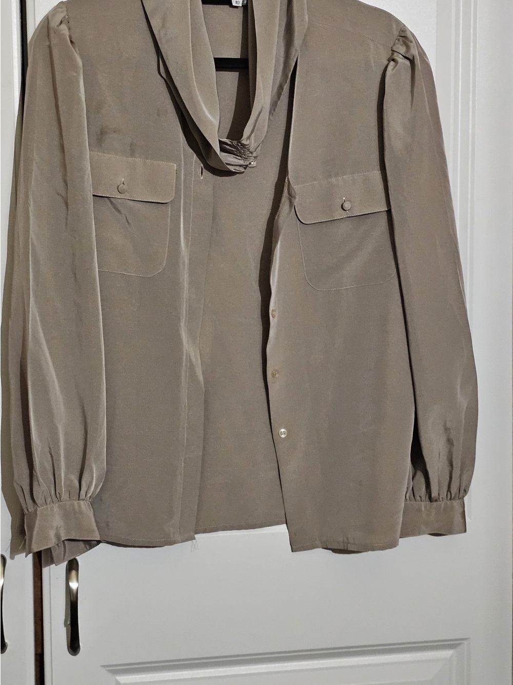 Tie-Neck Long-Sleeve Blouse in Taupe